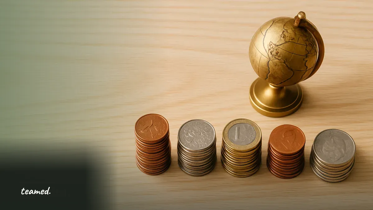 Stacked international coins beside a small globe, representing the best way to pay employees overseas.