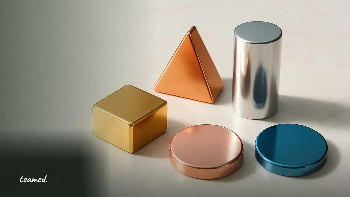 Polished metallic tokens on a pale stone surface, representing crypto payroll.