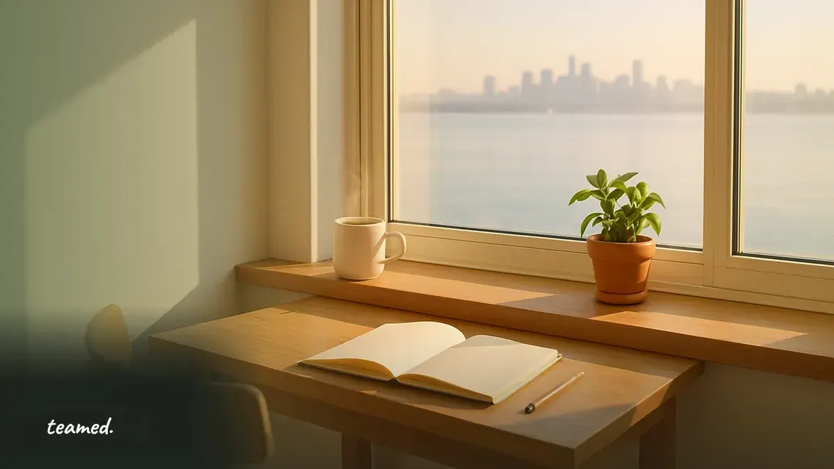 A home office overlooking a city skyline, representing remote work regulations.