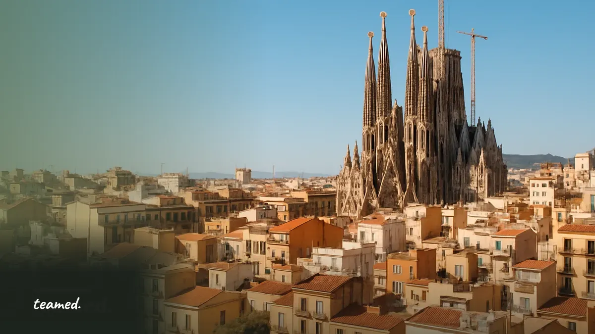 Barcelona's skyline with the Sagrada Familia, representing Spain's two-year residency rule.