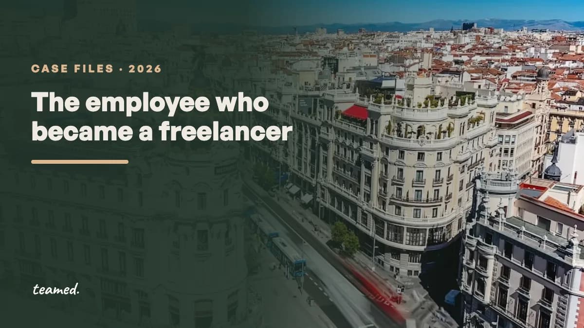 An aerial view of Gran Vía in Madrid, with ornate white buildings and traffic below a clear sky. Case file: The Employee Who Became a Freelancer.