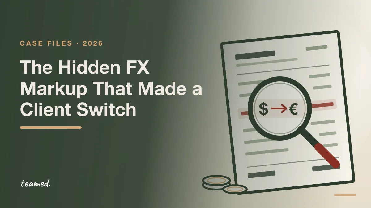 A magnifying glass held over an invoice's currency conversion line. Case file: The Hidden FX Markup That Made a Client Switch.