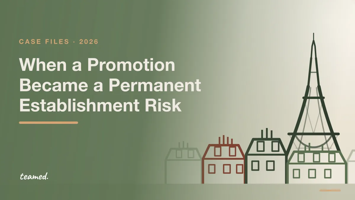 Parisian mansard rooftops and chimney stacks with the Eiffel Tower beyond. Case file: When a Promotion Became a Permanent Establishment Risk.