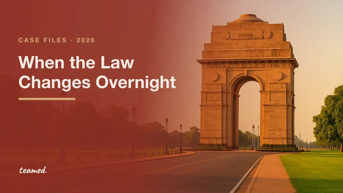India Gate in New Delhi at golden hour. Case file: When the Law Changes Overnight