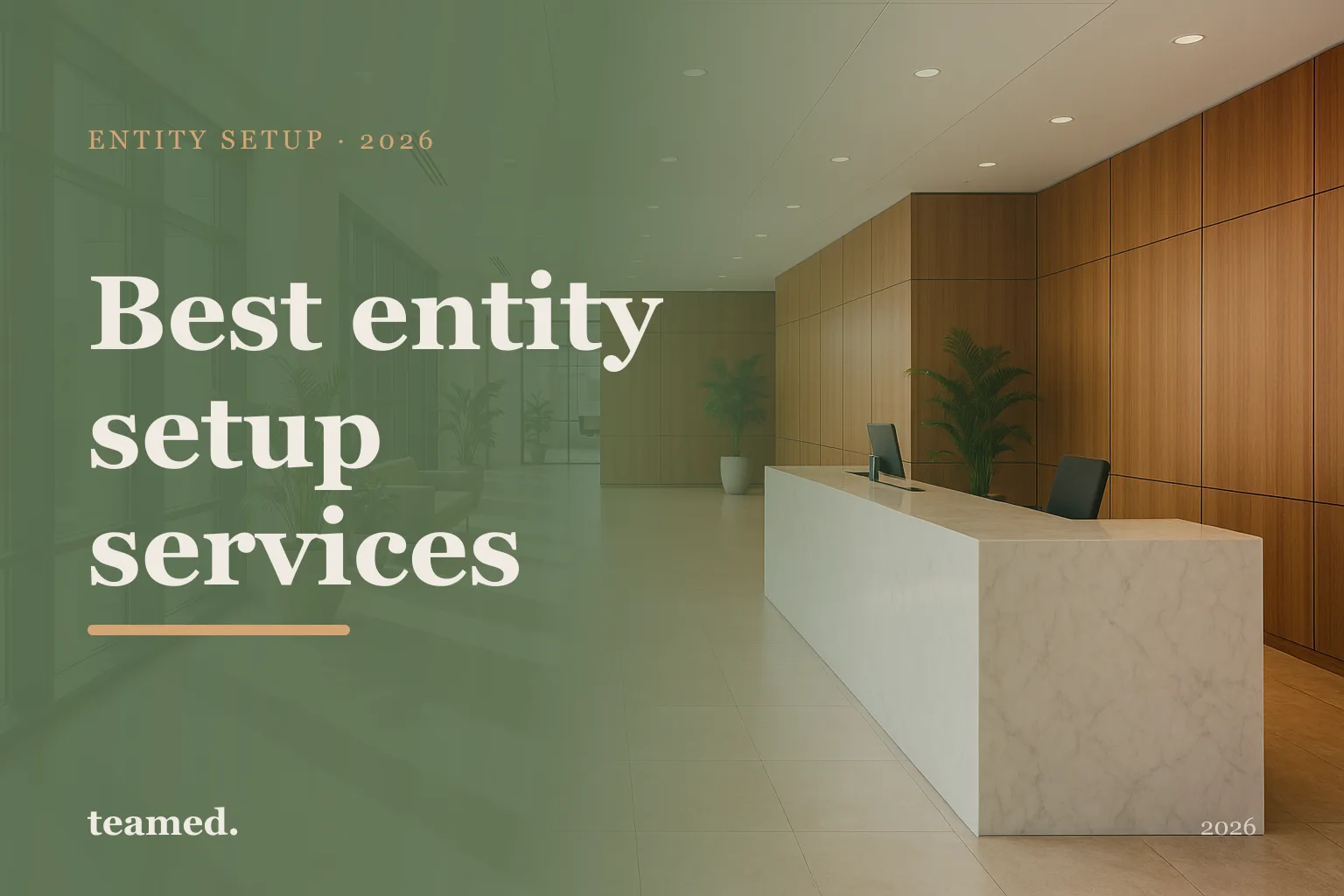 Editorial hero in the Teamed brand palette for the best entity setup services 2026 guide, with the Teamed wordmark.