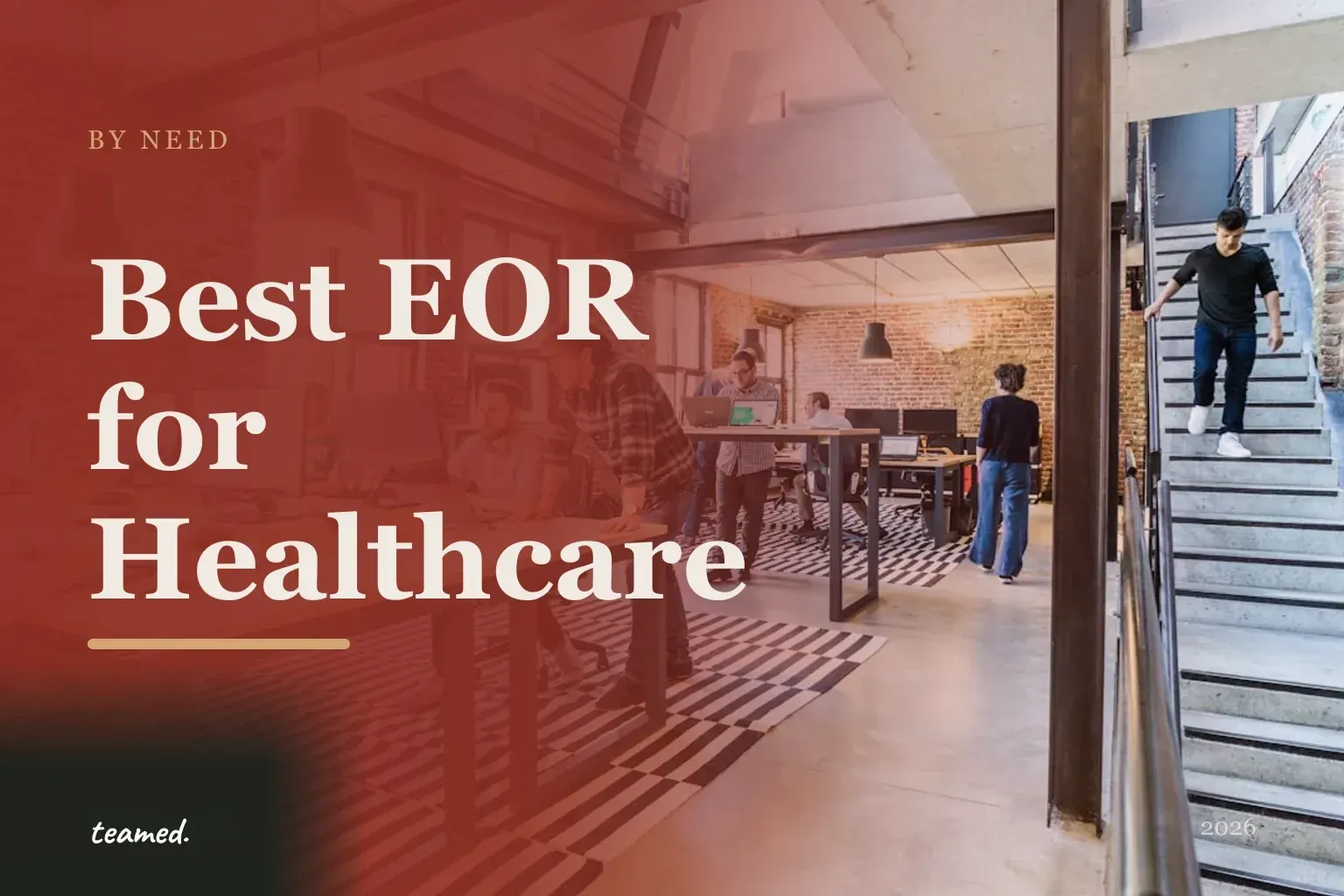 Editorial hero in the Teamed brand colours for the best EOR providers for healthcare organisations.
