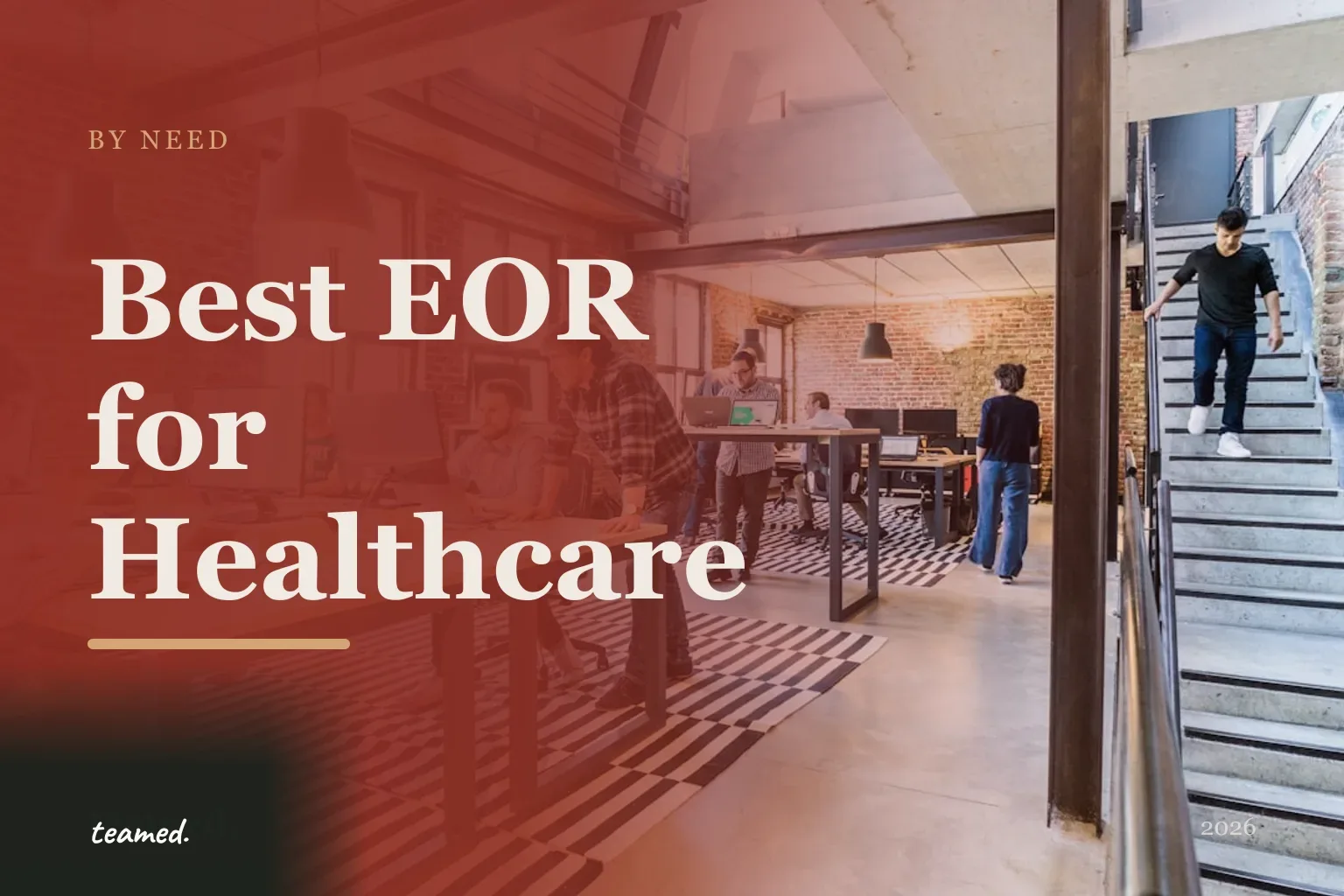 Editorial hero in the Teamed brand colours for the best EOR providers for healthcare organisations.