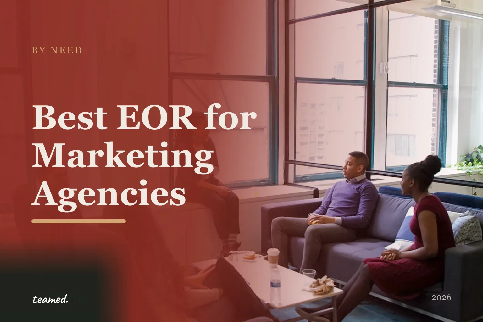 Editorial hero in the Teamed brand colours for the best EOR providers for marketing agencies, with the Teamed wordmark.