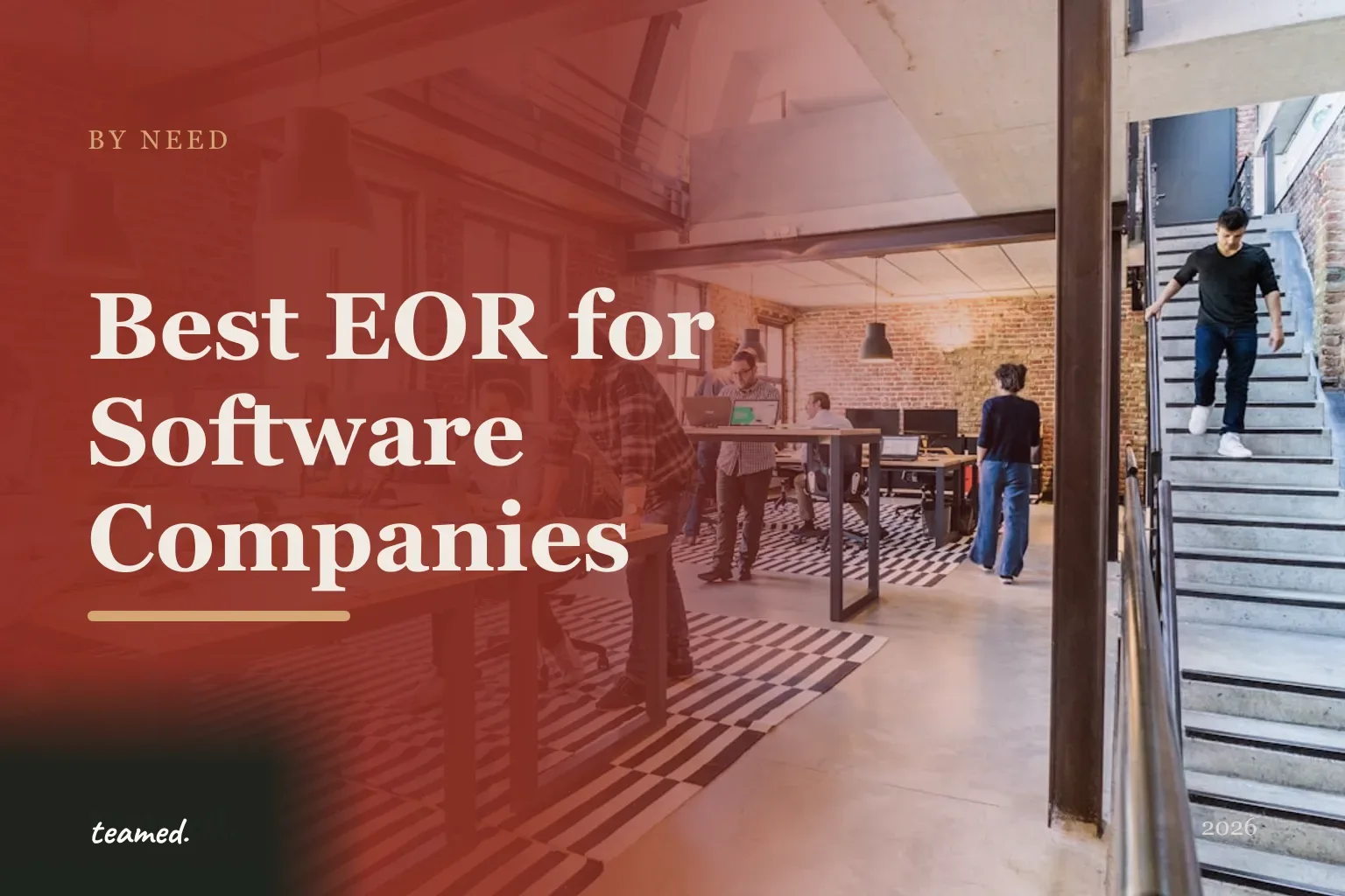 Editorial hero in Teamed brand colours for the best EOR providers for software companies, with the Teamed wordmark.