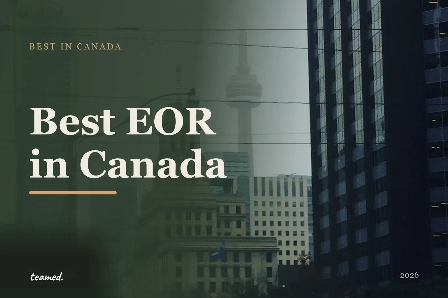 Retro editorial illustration of stylised EOR provider cards arranged on a parchment background with a bold Canadian cityscape motif.