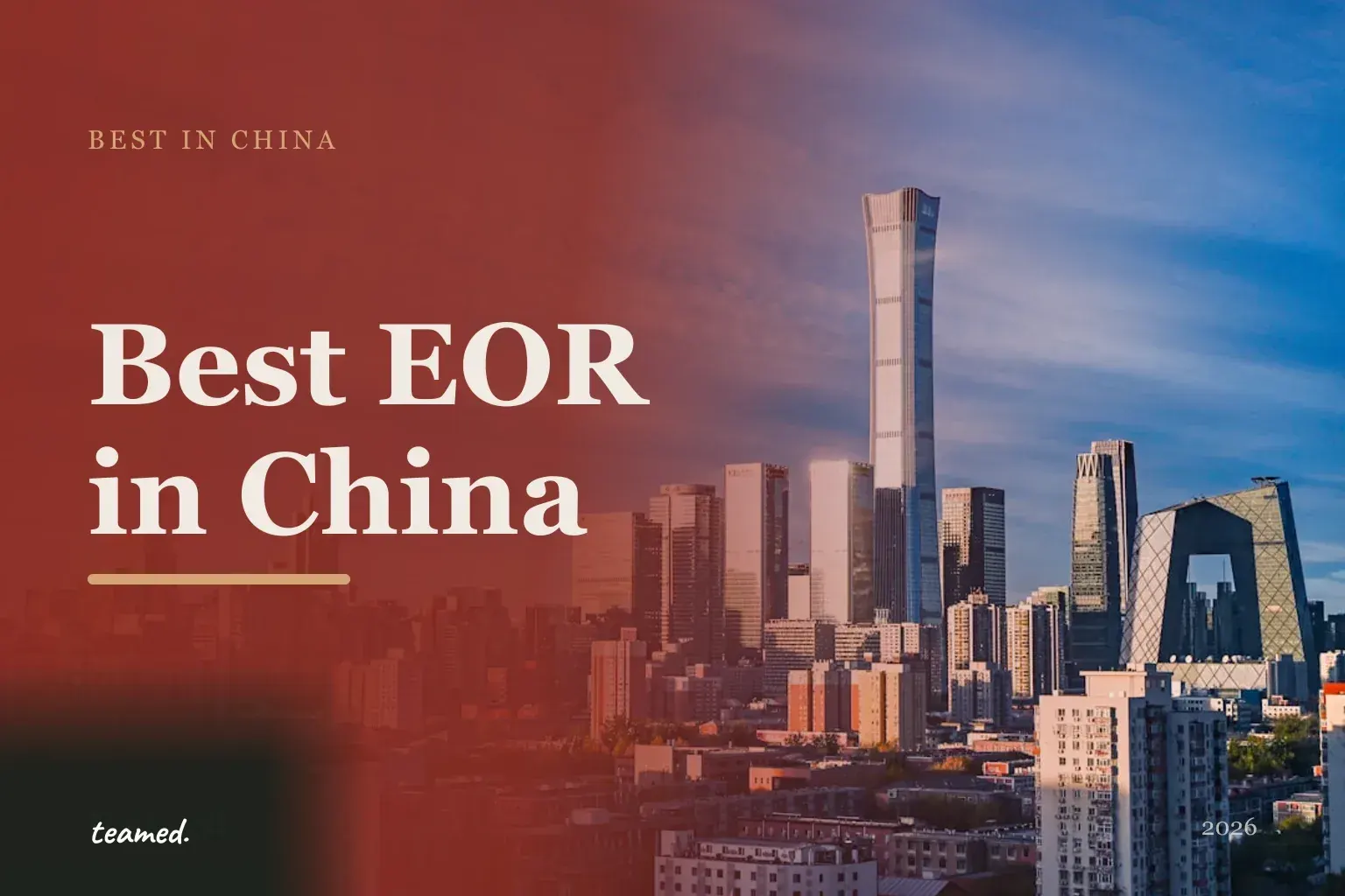 Retro editorial illustration of EOR provider cards arranged on a parchment background with a bold Chinese city skyline motif in amber and deep forest.