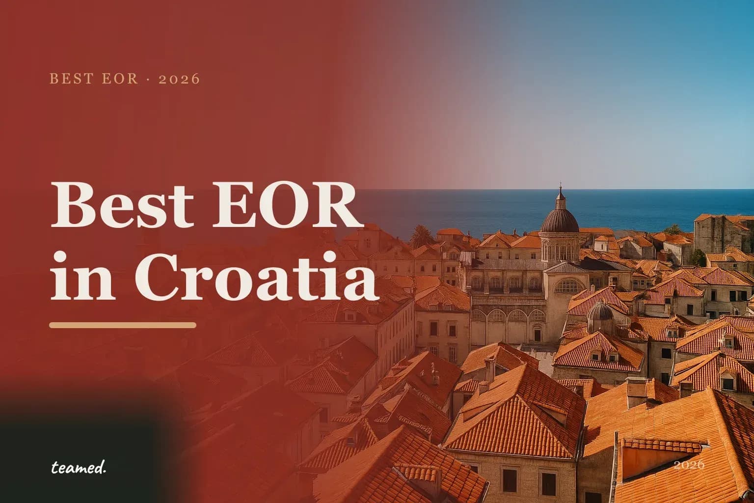 Retro editorial illustration of stylised EOR provider cards on a parchment background with a bold Croatian Adriatic city motif.