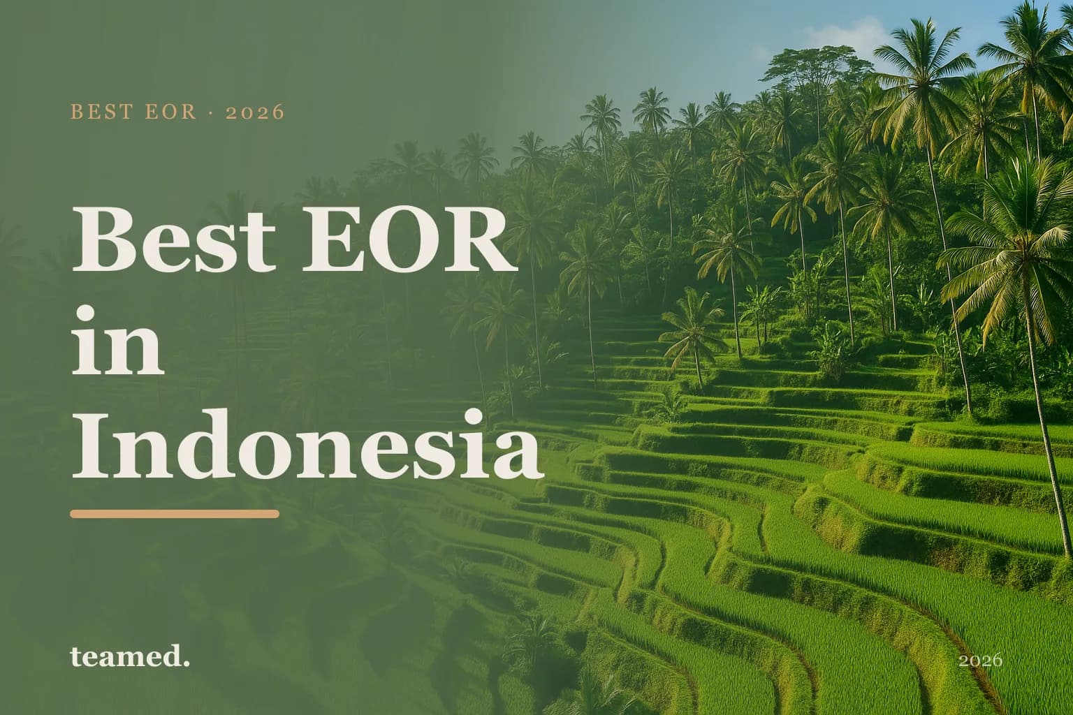 Editorial hero in the Teamed brand colours for the best EOR providers in Indonesia, with the Teamed wordmark.