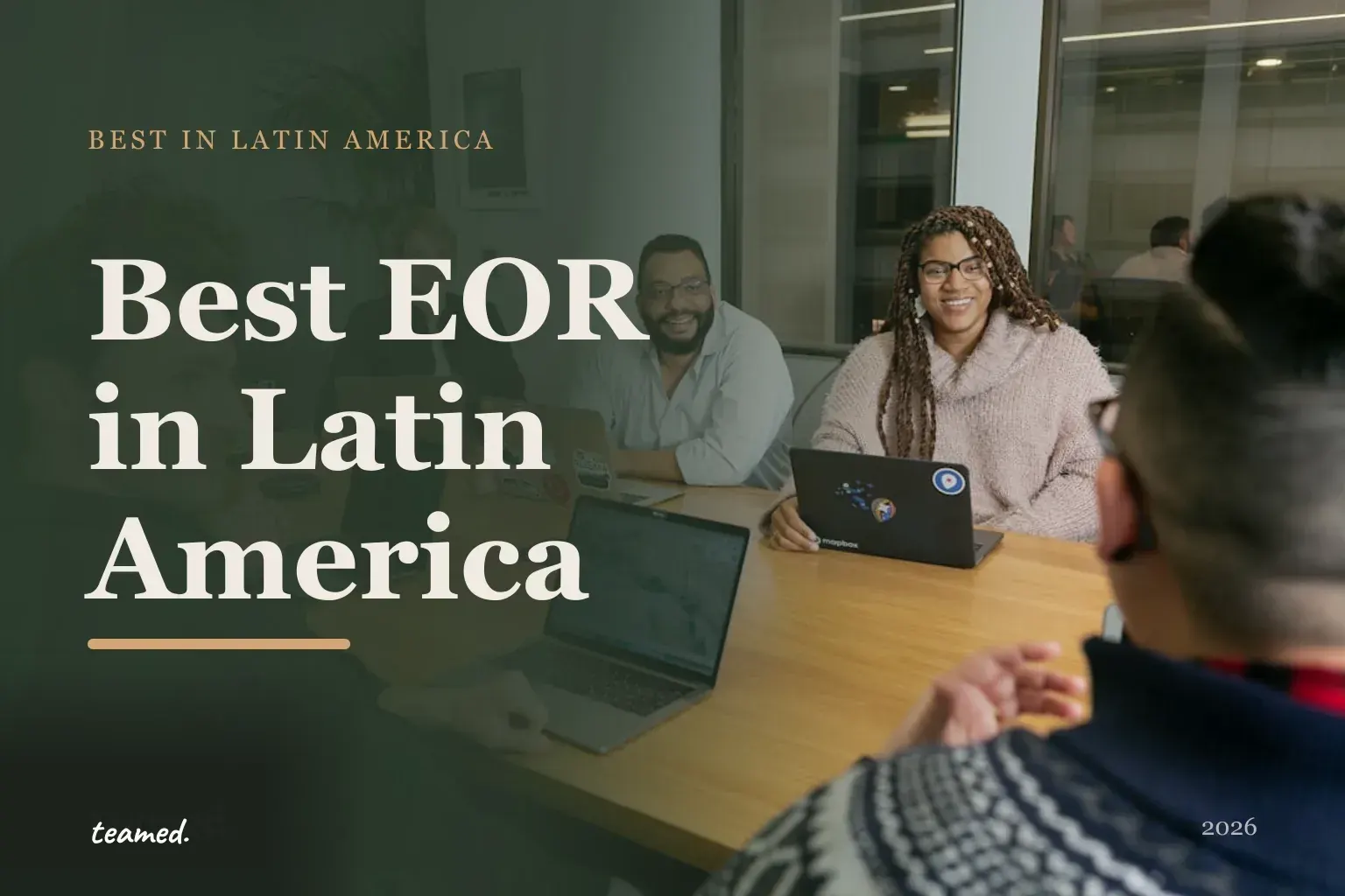 Editorial hero in the Teamed brand colours for the best EOR providers in Latin America, with the teamed wordmark.