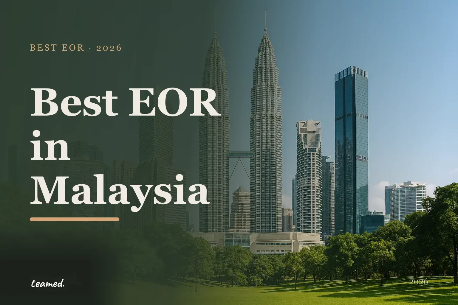 Retro editorial illustration of stylised EOR provider cards arranged on a parchment background with a Kuala Lumpur skyline motif and Teamed brand colours.