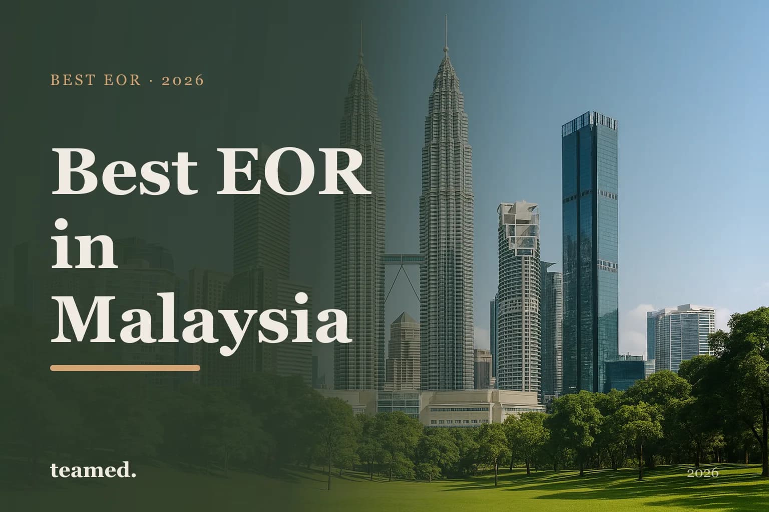 Retro editorial illustration of stylised EOR provider cards arranged on a parchment background with a Kuala Lumpur skyline motif and Teamed brand colours.