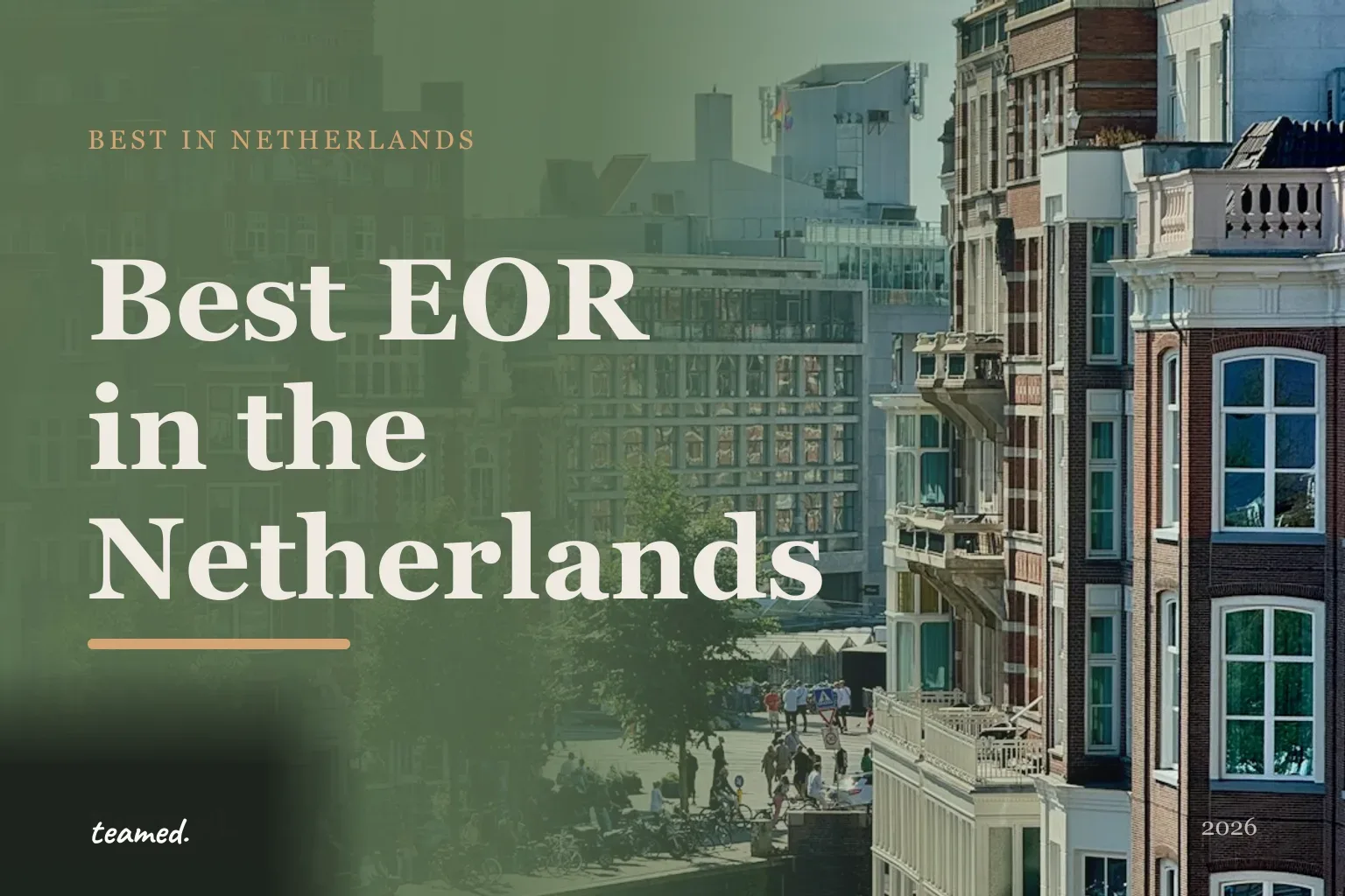 Retro editorial illustration of EOR provider cards on a parchment background with a stylised Dutch canal and bicycle motif.