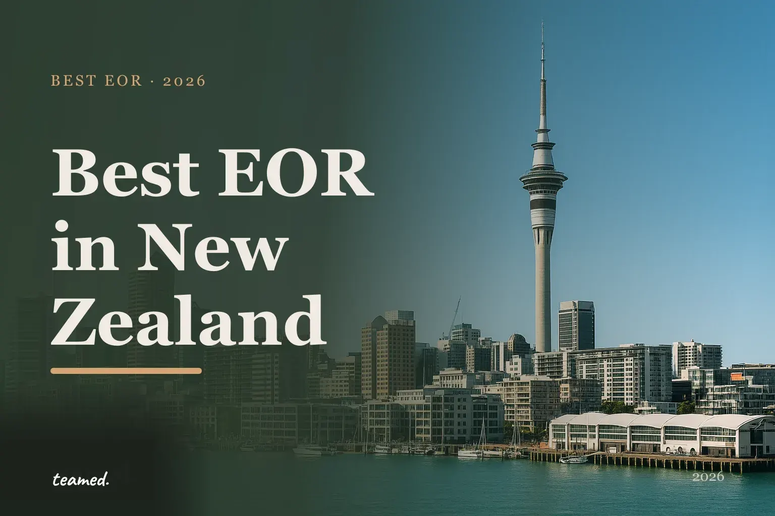 Editorial brand illustration for the best EOR providers in New Zealand guide, in Teamed parchment and sage tones.