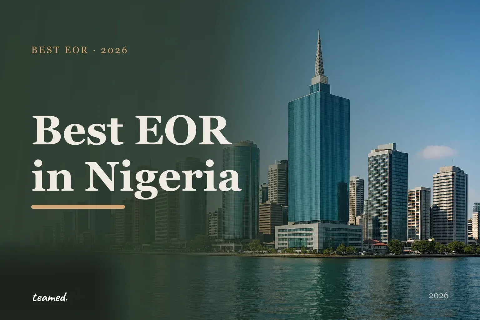 Editorial risograph cover for the best EOR providers in Nigeria in 2026, on a parchment ground with deep forest shapes and warm amber accents.