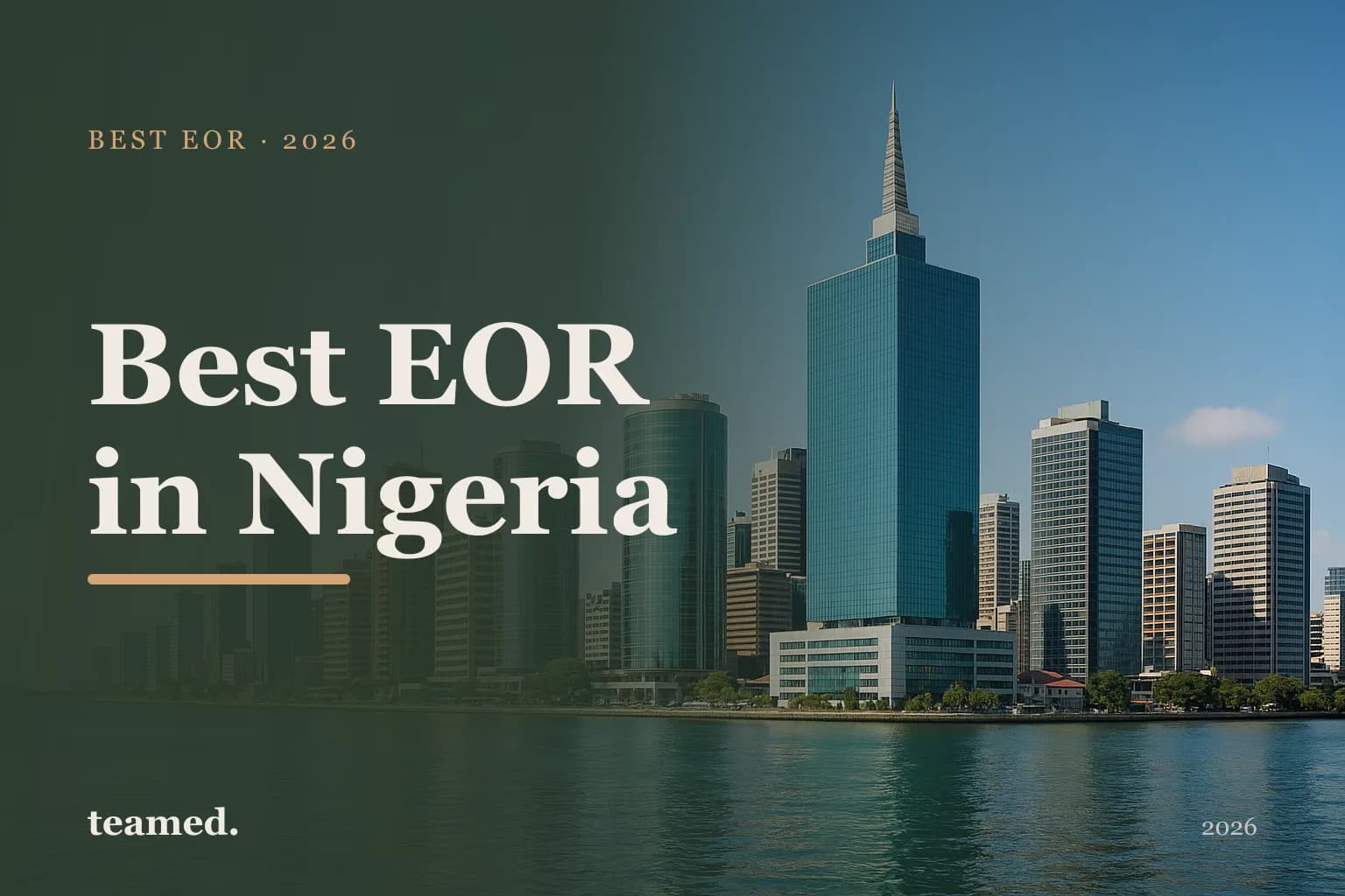 Editorial risograph cover for the best EOR providers in Nigeria in 2026, on a parchment ground with deep forest shapes and warm amber accents.
