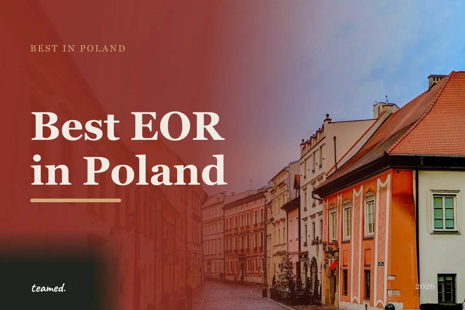 Retro editorial illustration of stylised EOR provider cards arranged on a parchment background with a bold Polish city skyline motif.