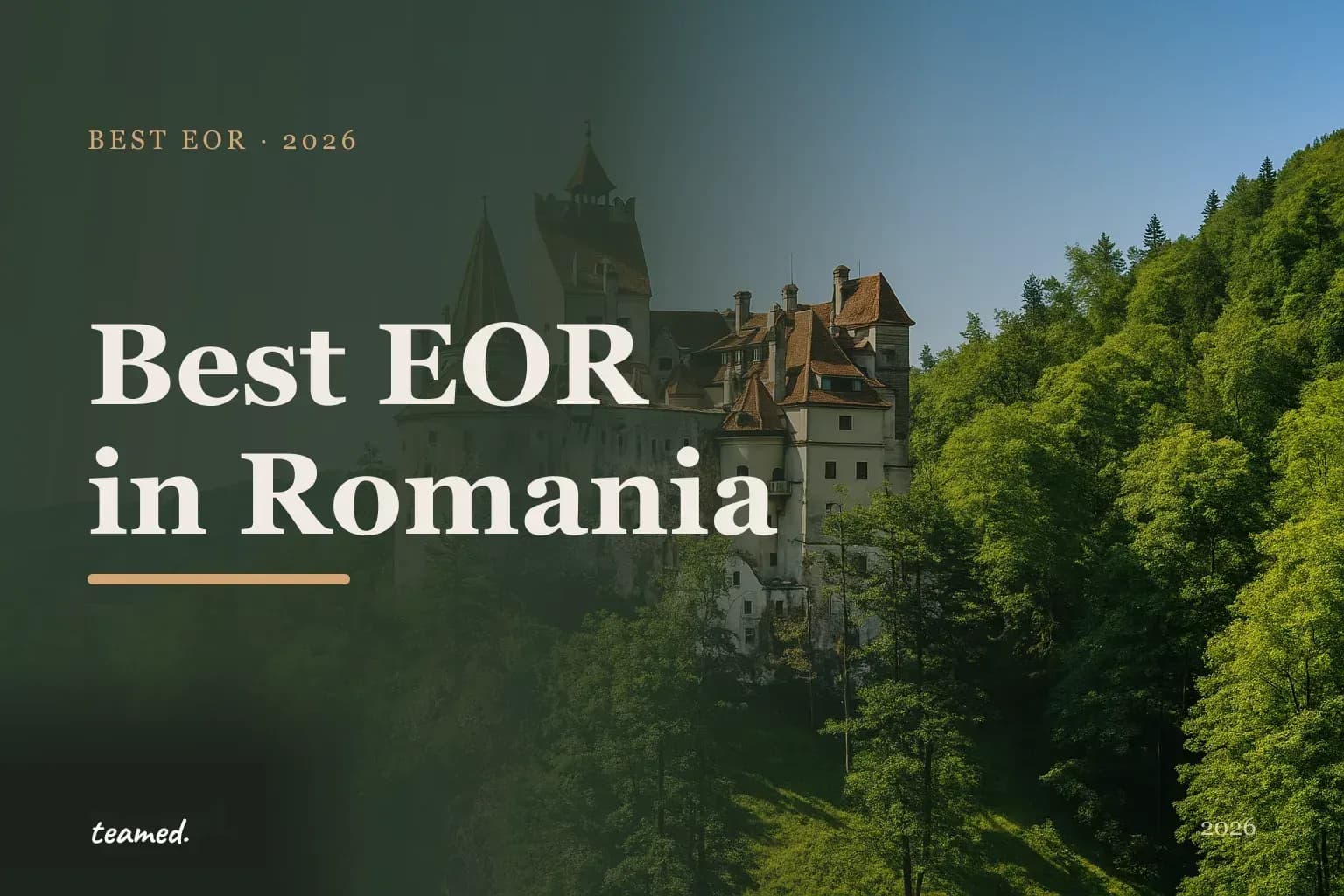 Retro editorial illustration of stylised EOR provider cards on a parchment background with a bold Romanian city skyline motif.