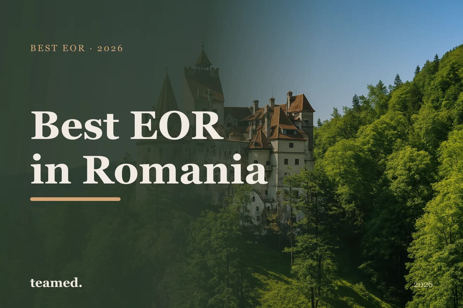 Retro editorial illustration of stylised EOR provider cards on a parchment background with a bold Romanian city skyline motif.