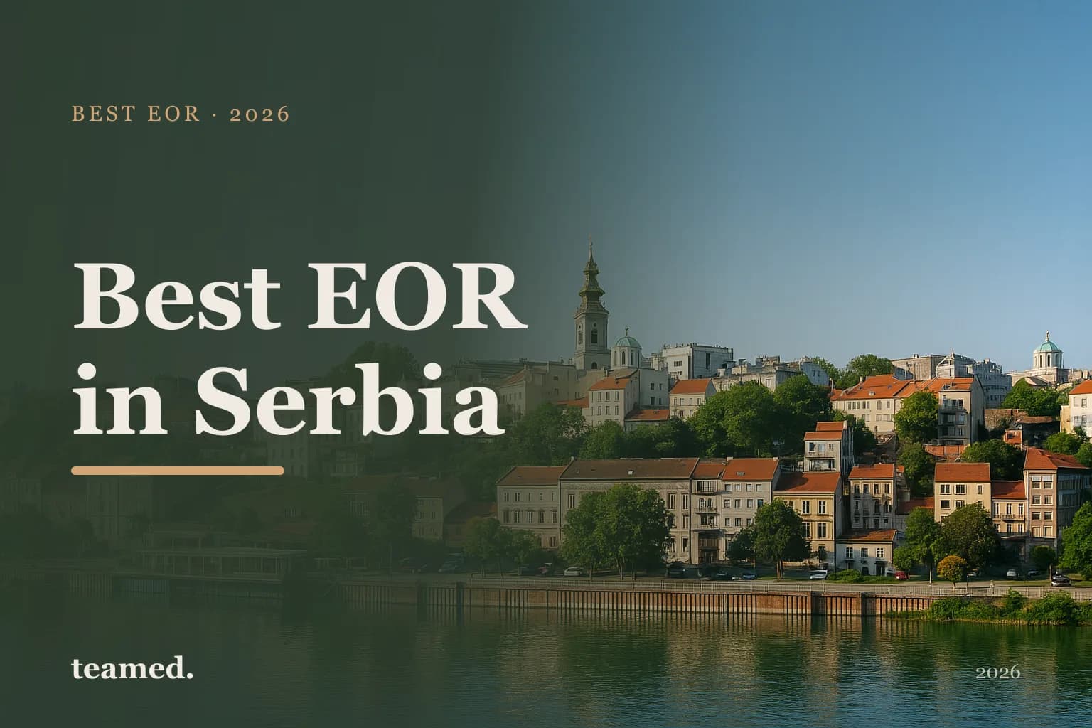 Editorial hero in the Teamed brand colours for the best EOR providers in Serbia, with the Teamed wordmark.