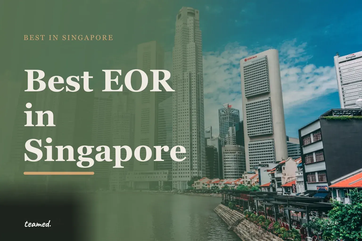 Retro editorial illustration of stylised EOR provider cards arranged on a parchment background with a bold Singapore skyline motif.