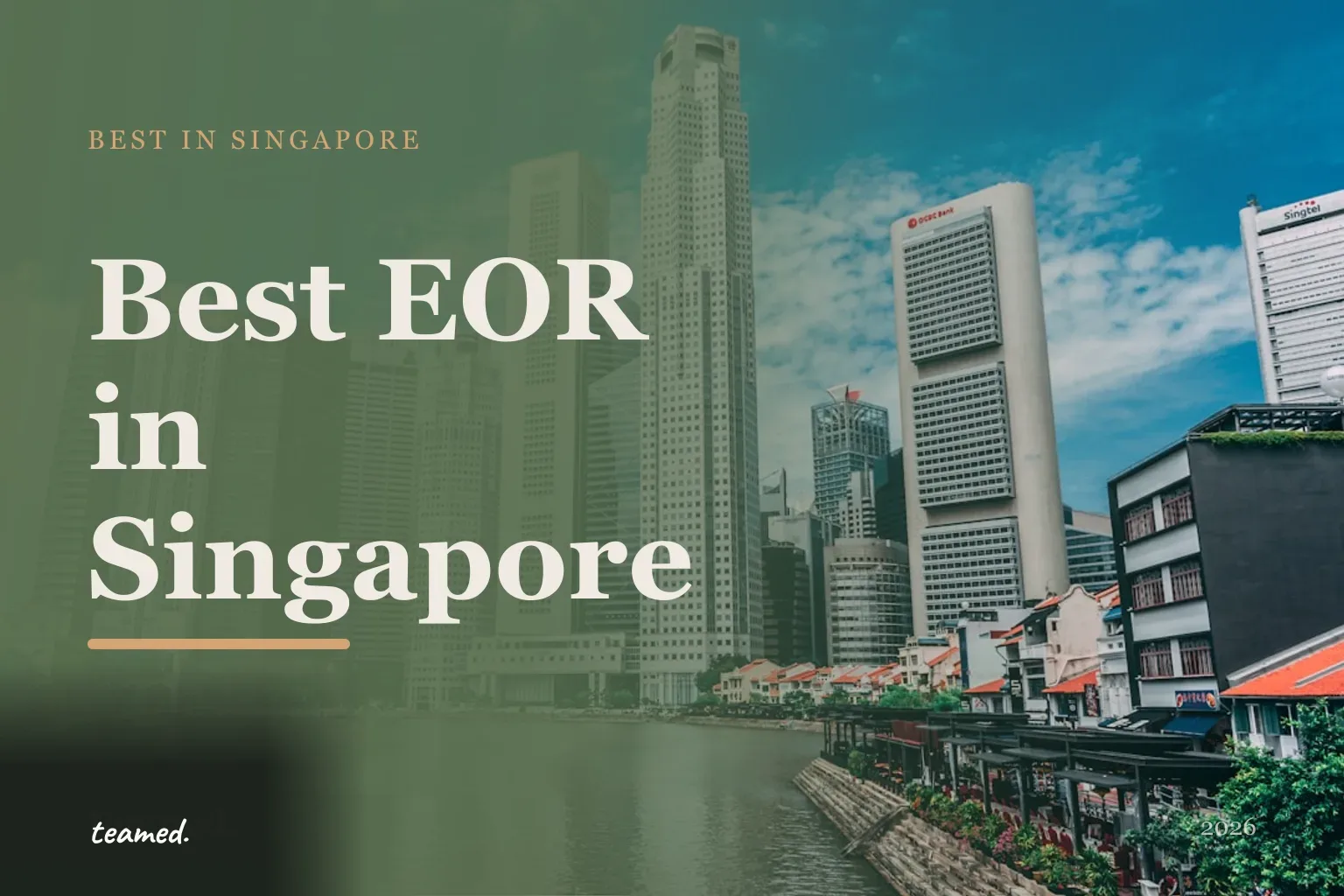 Retro editorial illustration of stylised EOR provider cards arranged on a parchment background with a bold Singapore skyline motif.