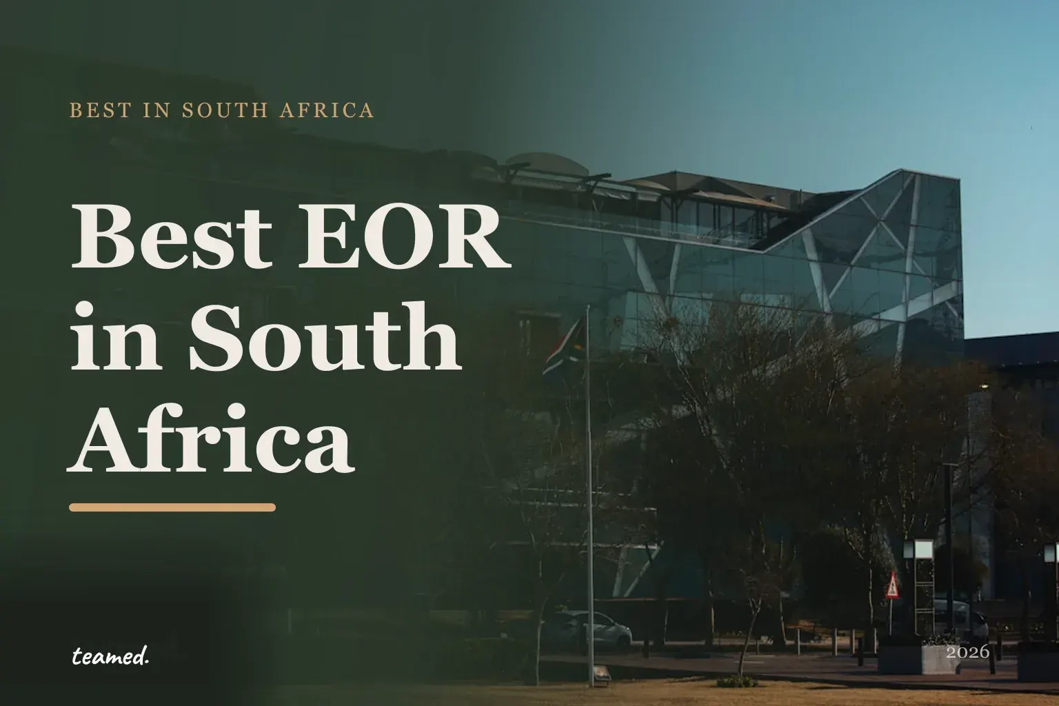 Editorial risograph cover for the best EOR providers in South Africa in 2026, on a parchment ground with deep forest shapes and warm amber accents.