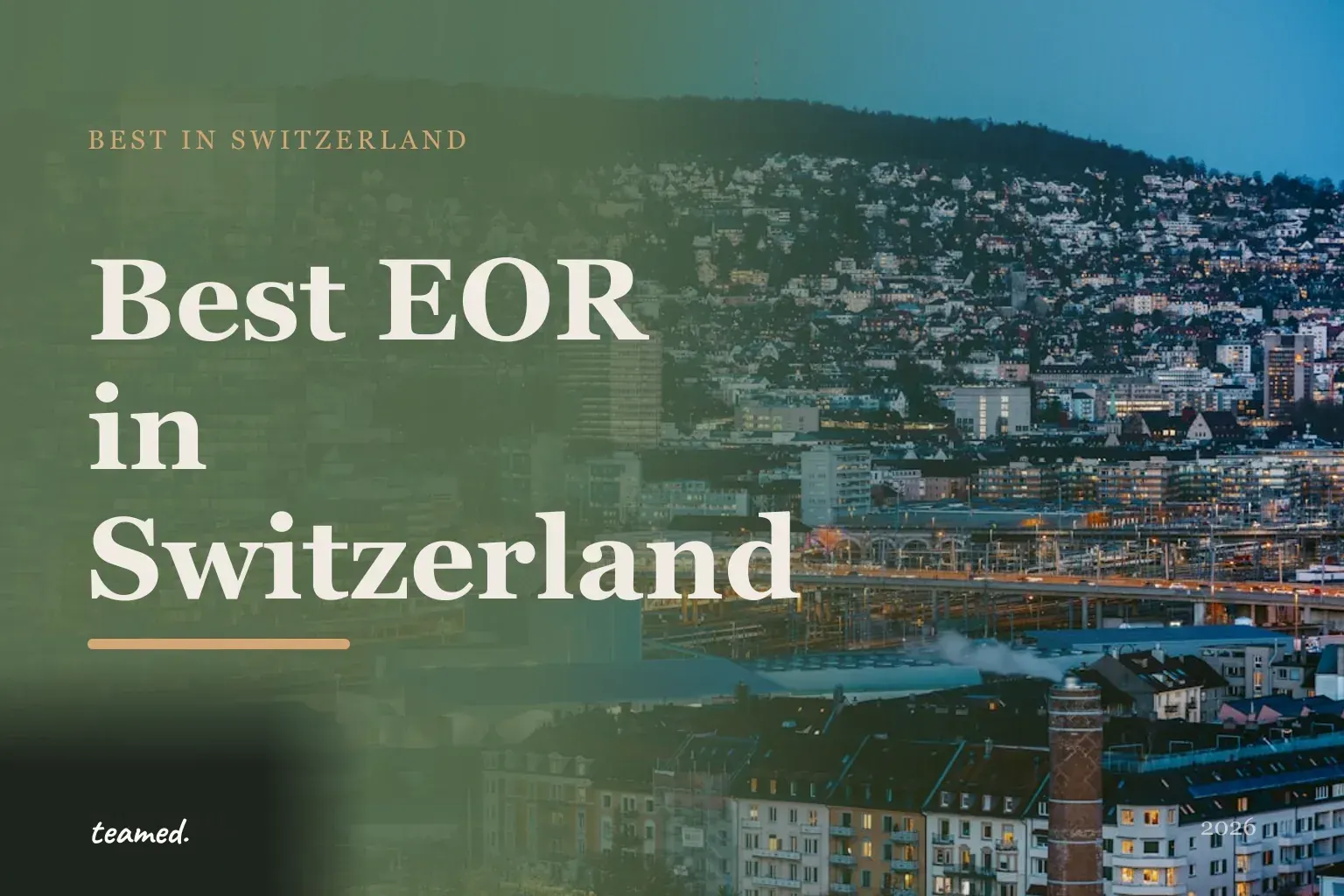 Retro editorial illustration of stylised EOR provider cards arranged on a parchment background with a bold Swiss mountain and city skyline motif.