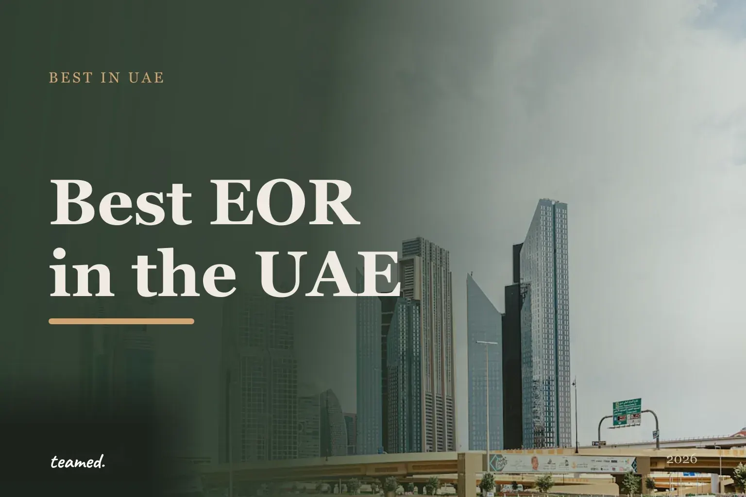 Retro editorial illustration of stylised EOR provider cards arranged on a parchment background with a bold UAE skyline motif.