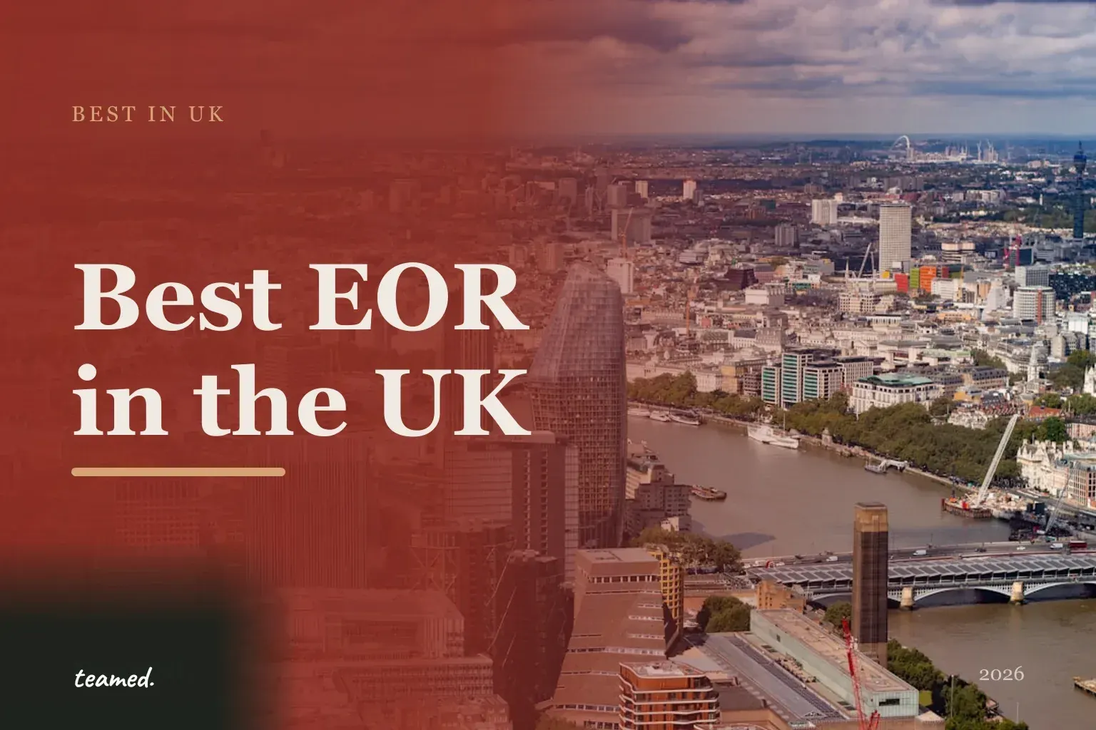 Retro editorial illustration of stylised EOR provider cards arranged on a parchment background with a bold London skyline motif in deep forest and amber tones.