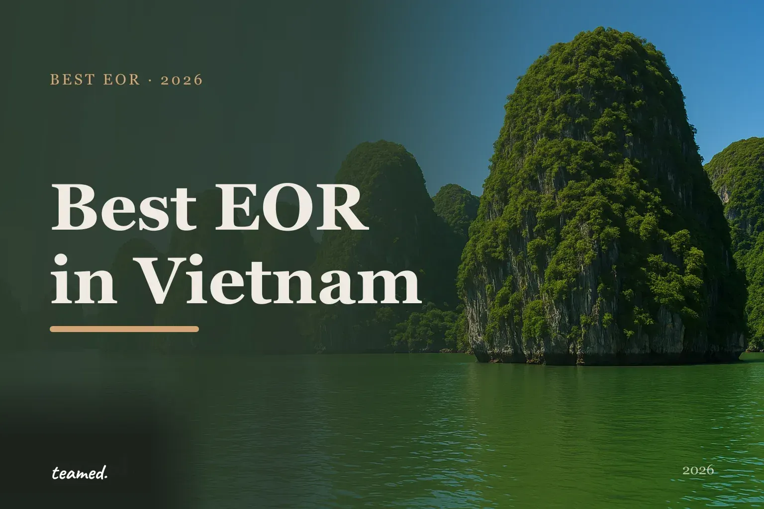 Retro editorial illustration of EOR provider cards on a parchment background with a bold Vietnam city skyline in amber and sage tones, and the Teamed wordmark.