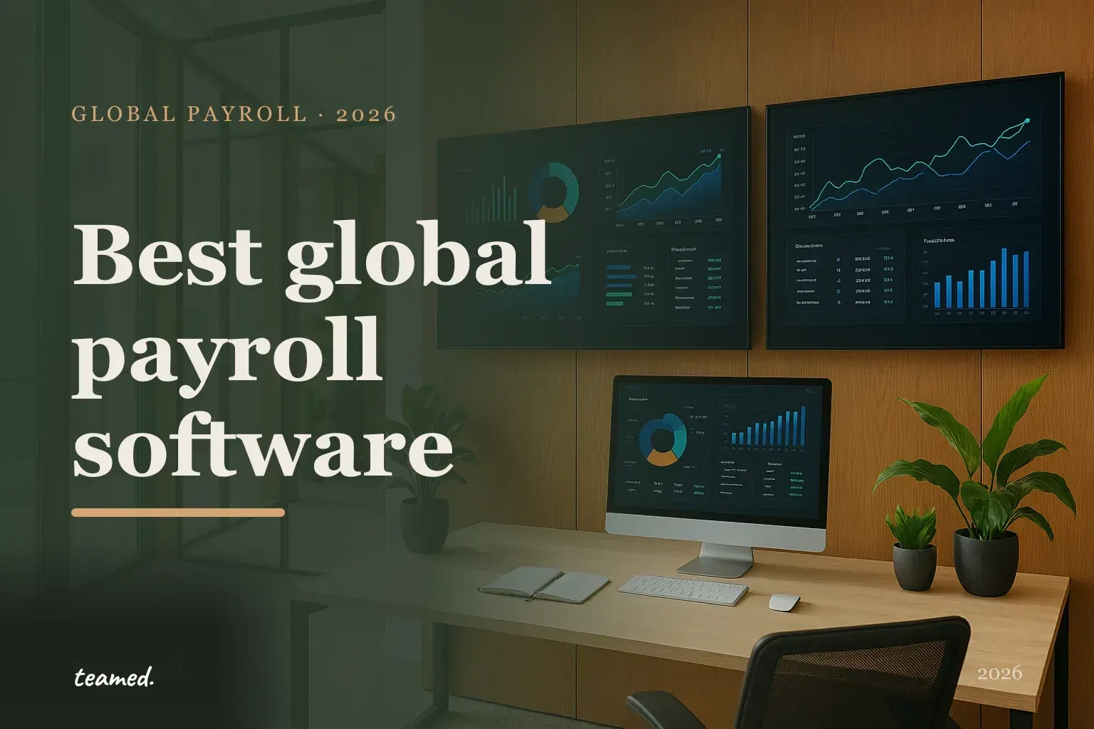 Editorial hero in the Teamed brand colours for the best global payroll software, with the teamed wordmark.