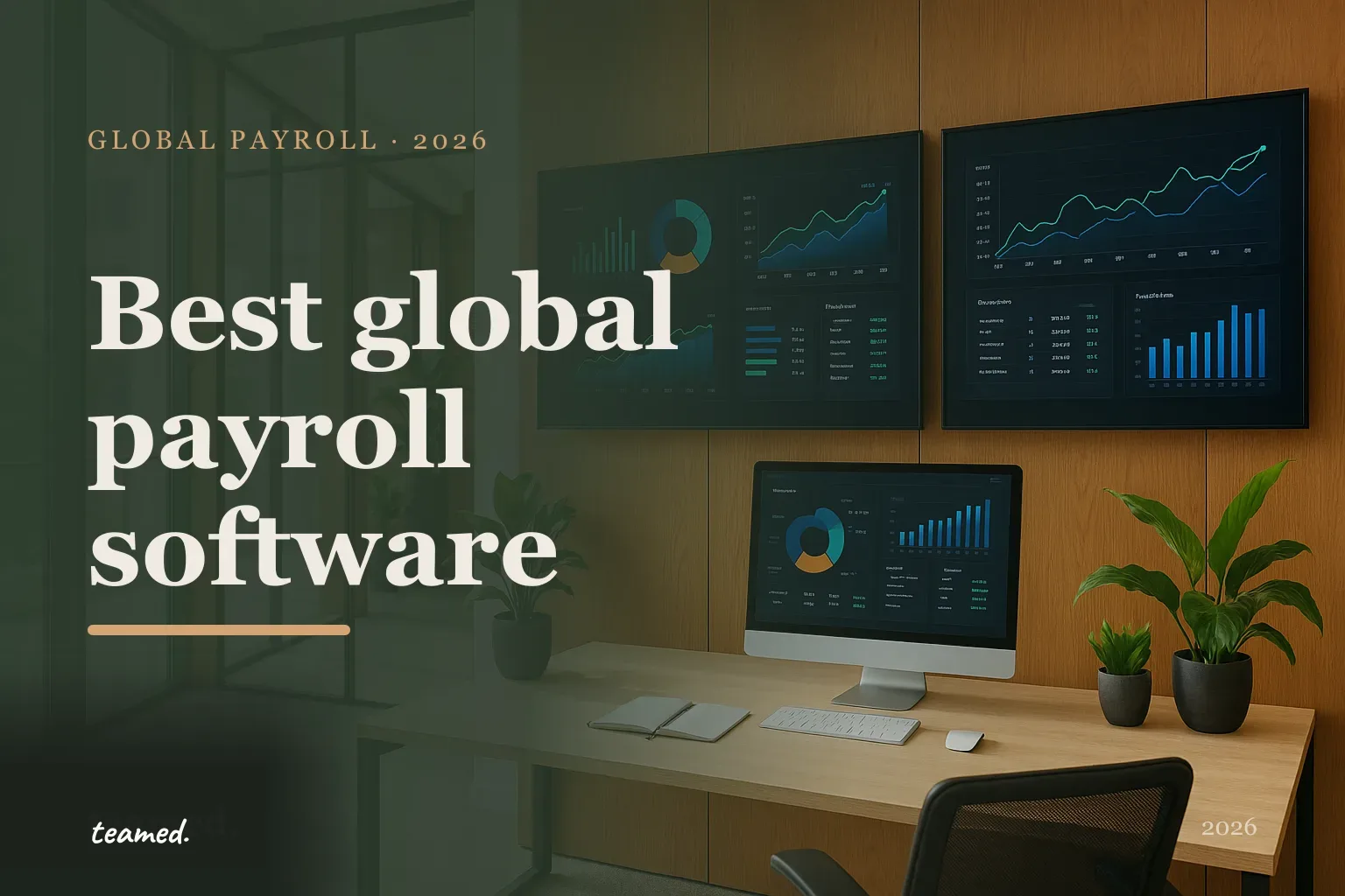 Editorial hero in the Teamed brand colours for the best global payroll software, with the teamed wordmark.