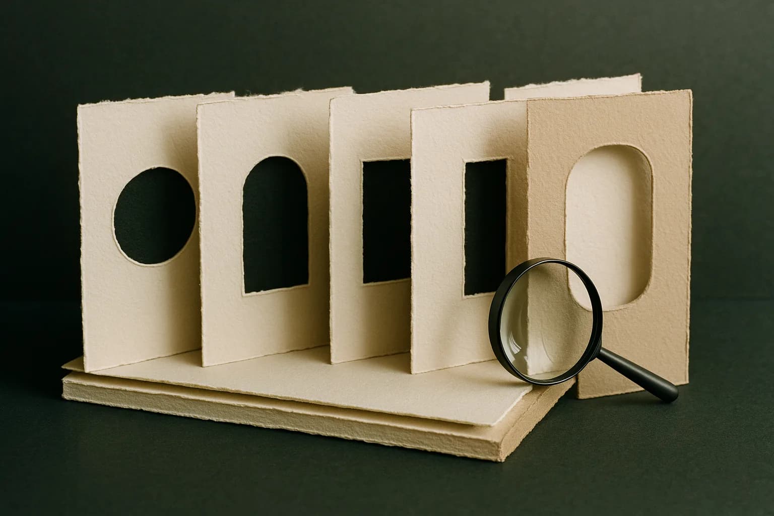 Five layered paper stencils with one sand panel set forward and a magnifying glass, comparing white-label EOR providers.