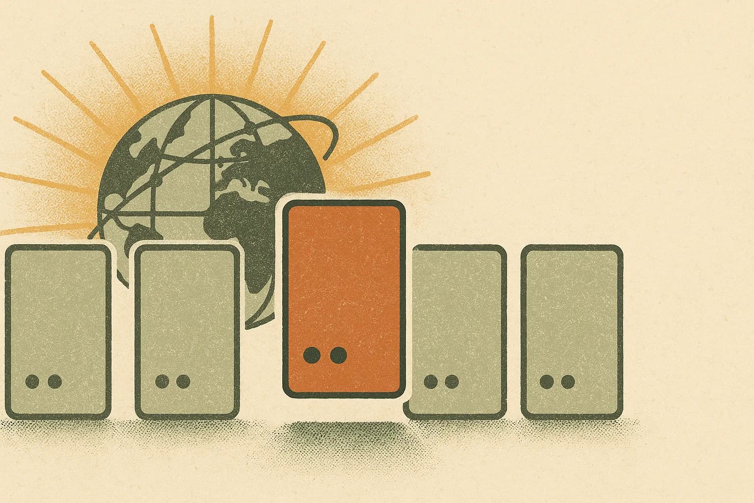 Retro illustration of several employer-of-record provider cards side by side, one highlighted as the chosen pick, with a stylised globe behind.