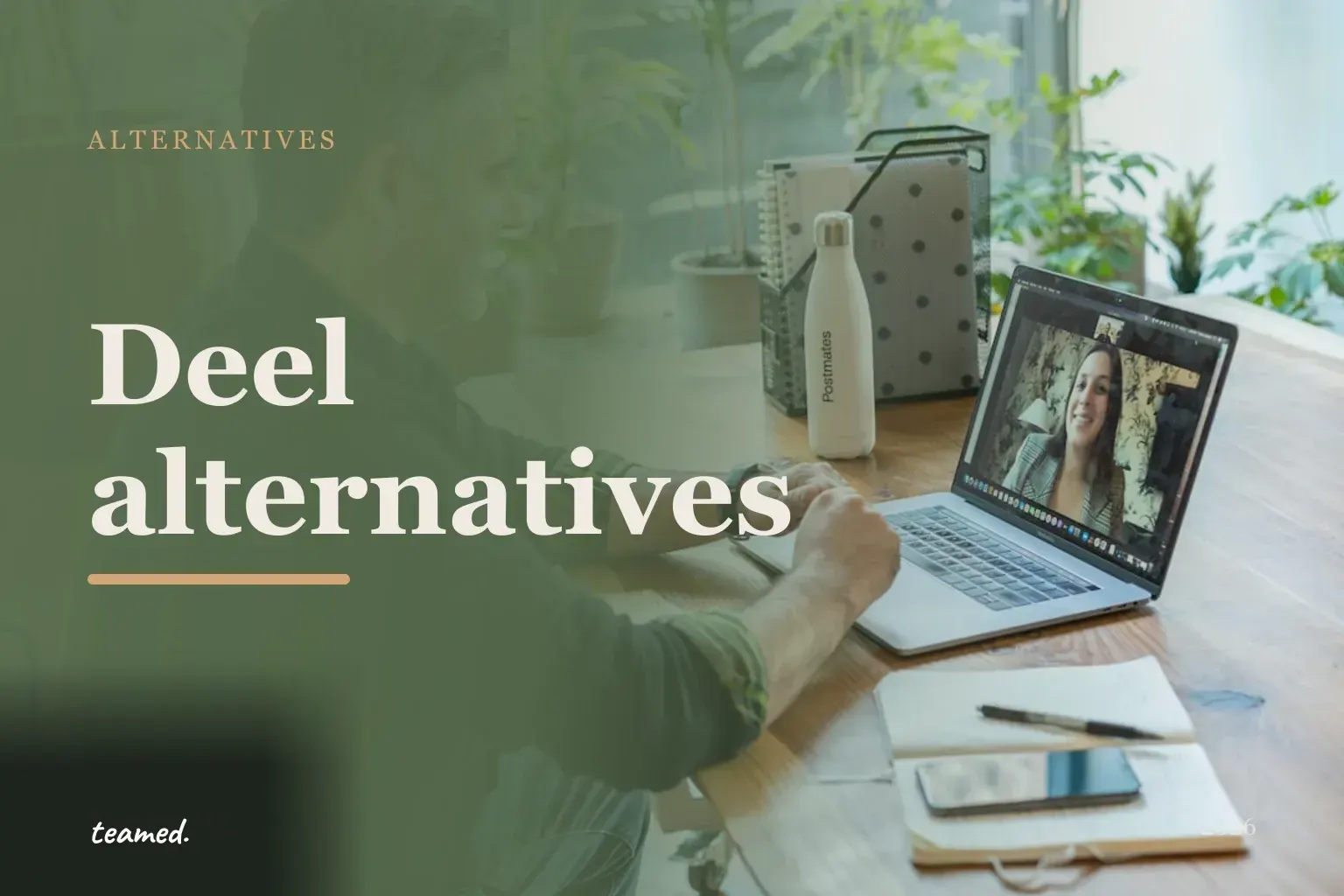 Editorial hero in the Teamed brand colours for the best Deel alternatives, with the teamed wordmark.