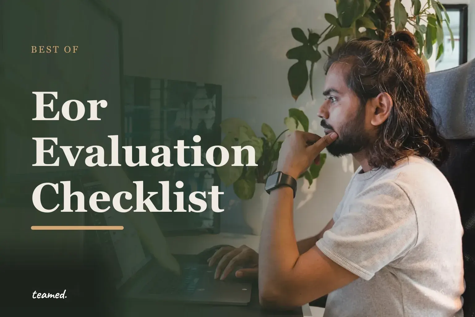 Editorial hero in the Teamed brand colours for the EOR evaluation checklist, with the teamed wordmark.