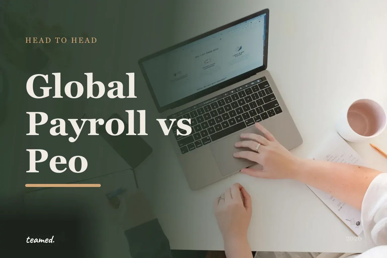 Editorial cover with the headline Global payroll vs PEO, risograph circles in amber, sienna and sage on a parchment ground.