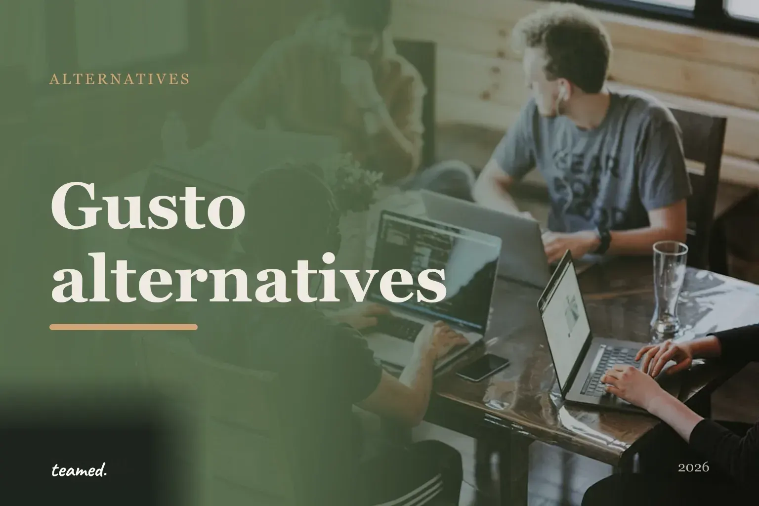 Editorial illustration for the best Gusto alternatives comparison, showing overlapping risograph circles on a parchment ground in forest green, amber and sienna.