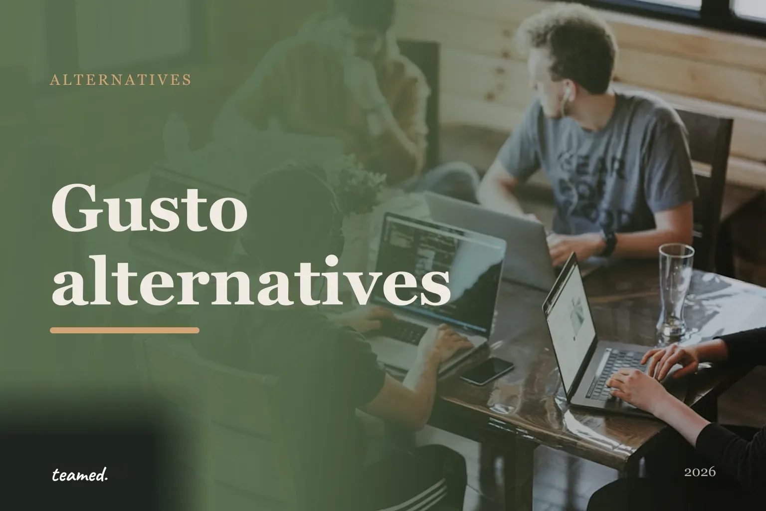 Editorial illustration for the best Gusto alternatives comparison, showing overlapping risograph circles on a parchment ground in forest green, amber and sienna.