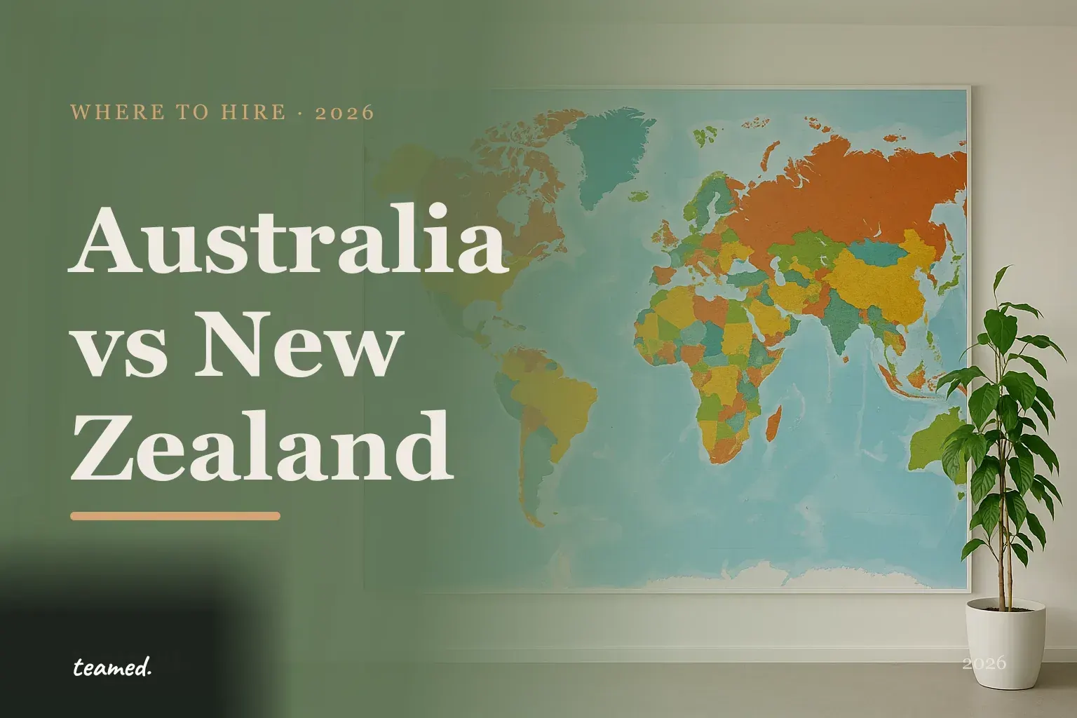 Editorial brand illustration comparing hiring in Australia and New Zealand, in Teamed parchment and sage tones.