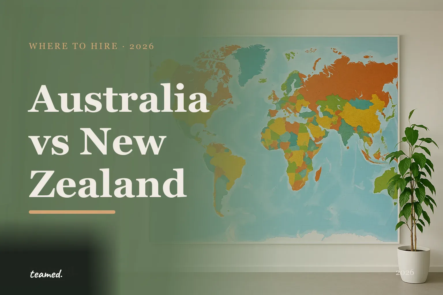 Editorial brand illustration comparing hiring in Australia and New Zealand, in Teamed parchment and sage tones.