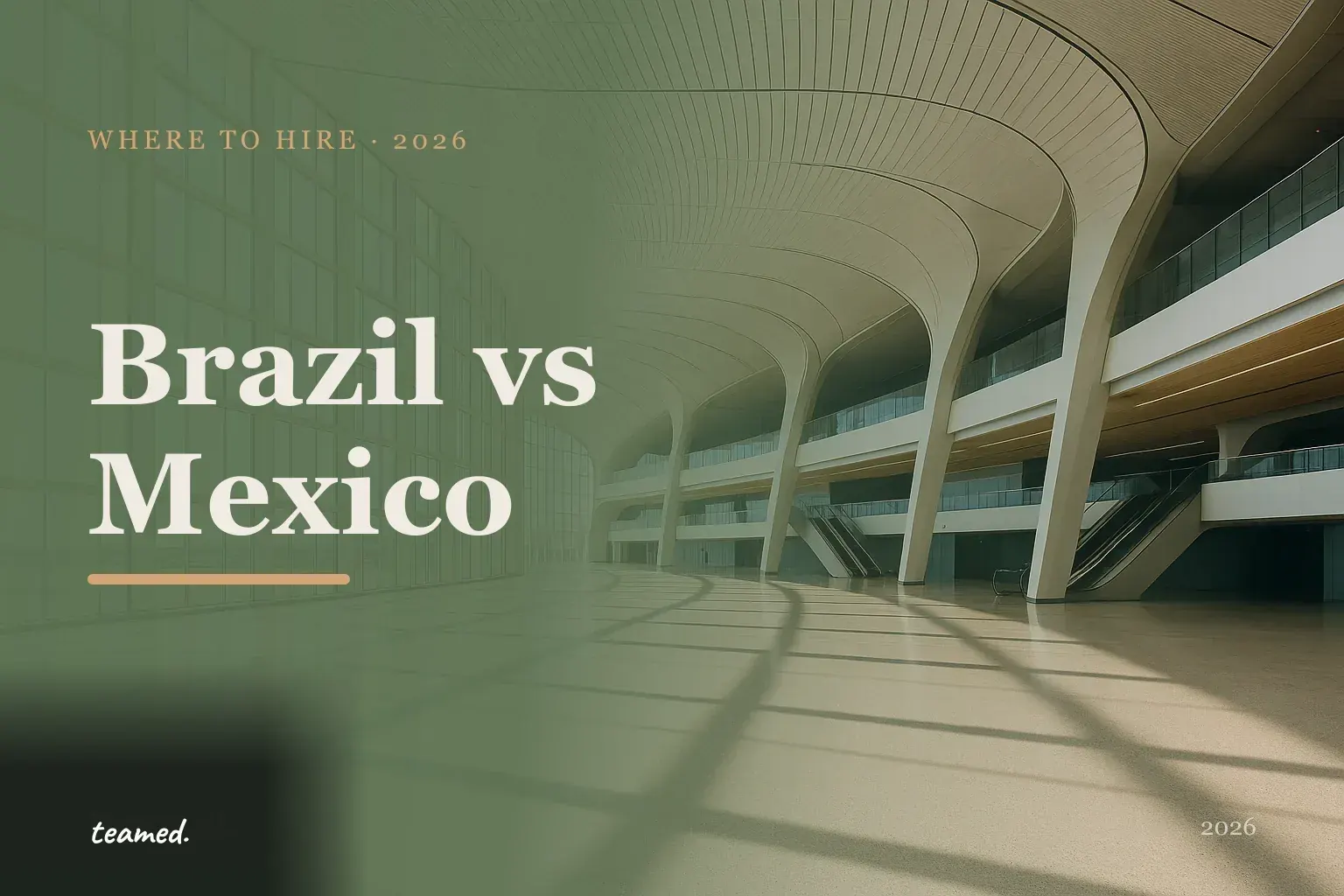 Retro editorial illustration comparing Brazil and Mexico as Latin American hiring destinations, with stylised maps against a parchment background in amber and sage palette.