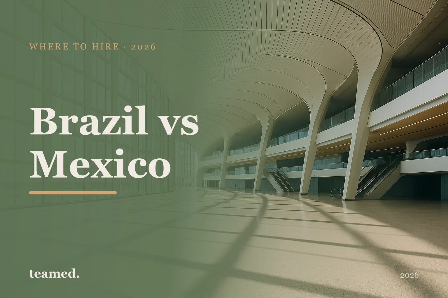 Retro editorial illustration comparing Brazil and Mexico as Latin American hiring destinations, with stylised maps against a parchment background in amber and sage palette.