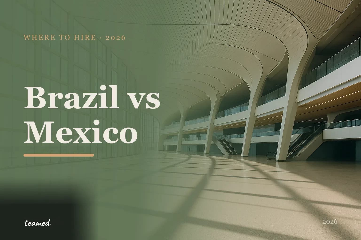 Retro editorial illustration comparing Brazil and Mexico as Latin American hiring destinations, with stylised maps against a parchment background in amber and sage palette.