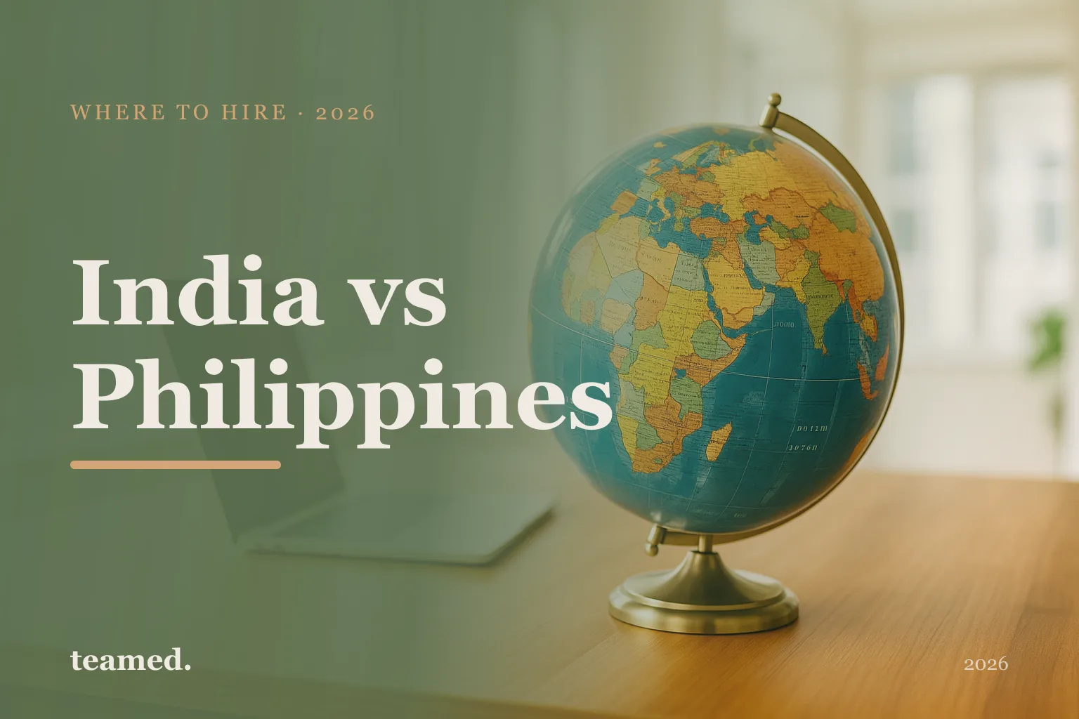 Retro editorial illustration comparing India and the Philippines as Asia-Pacific hiring destinations, with stylised maps against a parchment background in amber and sage.